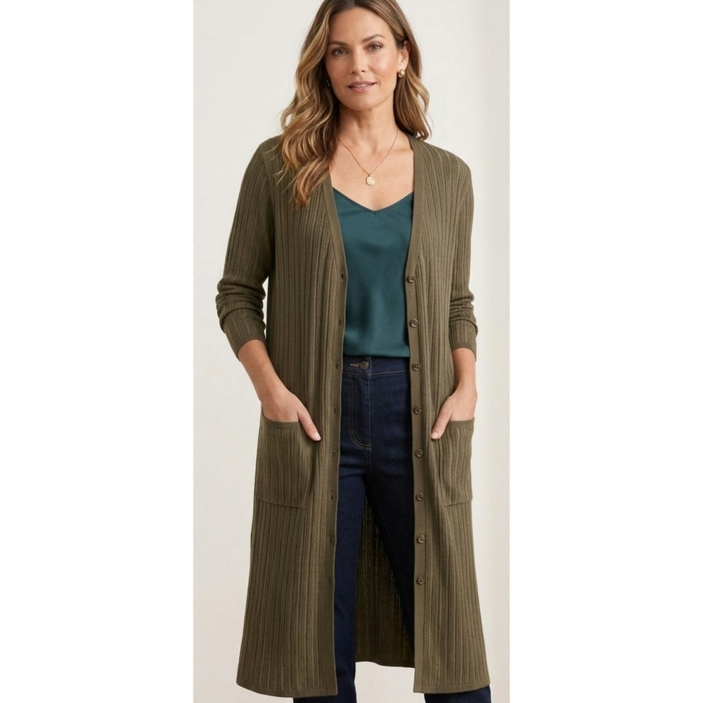 Chico's Longline Ribbed Cardigan Sweater Olive Green Size XL